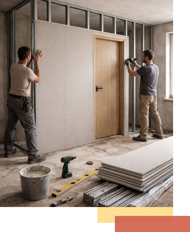 Перегородка из гипсокартона с дверью под ключ в Черногорске