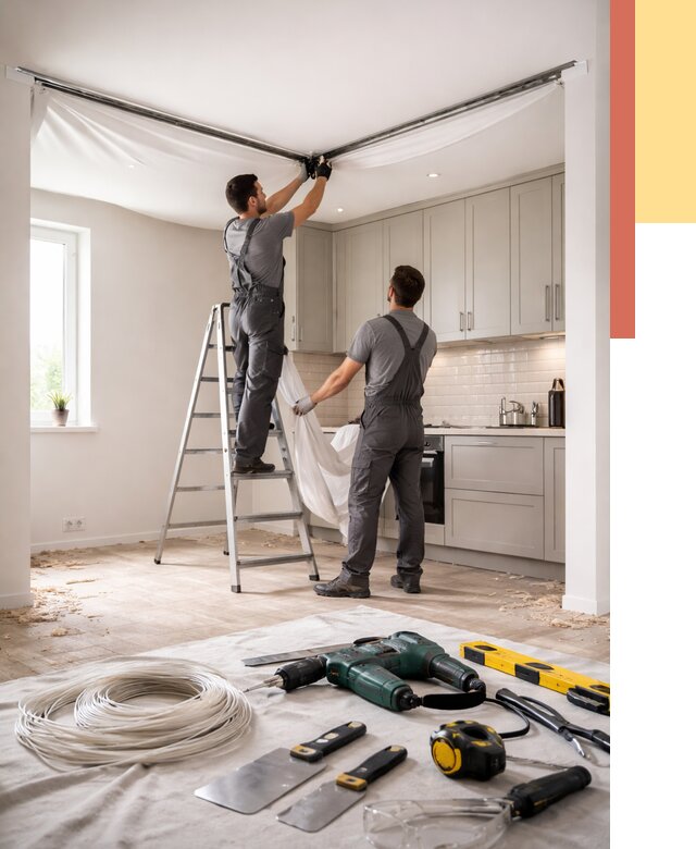 Установка натяжного потолка на кухне в Черногорске от 2450 руб. | ОТДЕЛОЧНИК-Чрн