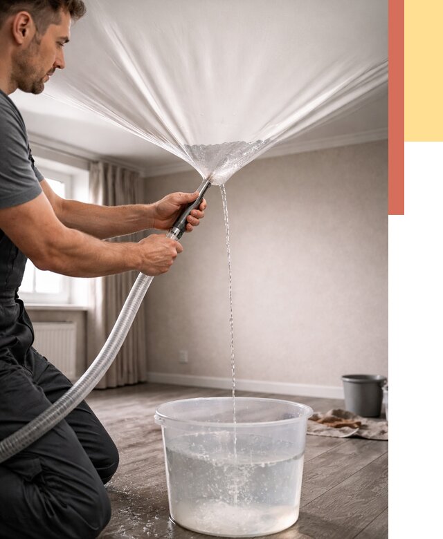 Слив воды с натяжного потолка в Черногорске от 2552 руб. быстро и недорого | ОТДЕЛОЧНИК-Чрн