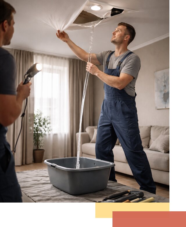 Слив воды с натяжного потолка в Черногорске быстро и аккуратно